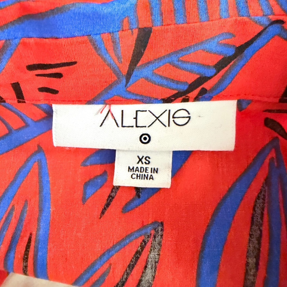 NEW Alexis For TargetRed Blue Tropical Leaf Print Button Front Midi Dress XS - Picture 9 of 10
